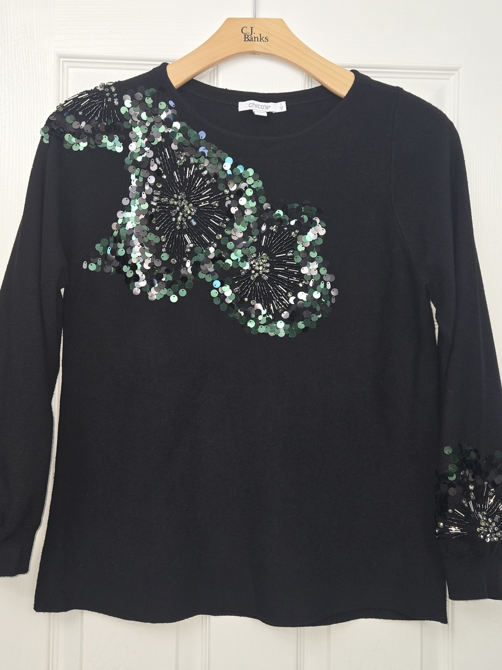 Chico's Black Sequin Floral Knit Top - Size 1 Medium Holiday Party Glam
